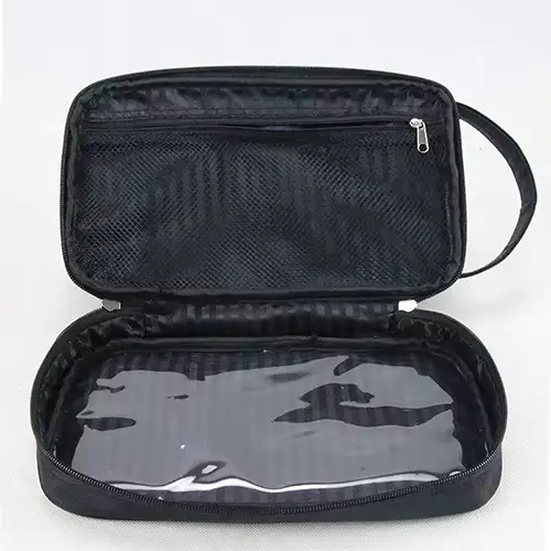 Technical specifications of custom double zipper toiletry bag with reinforced stitching and metal hardware manufacturer